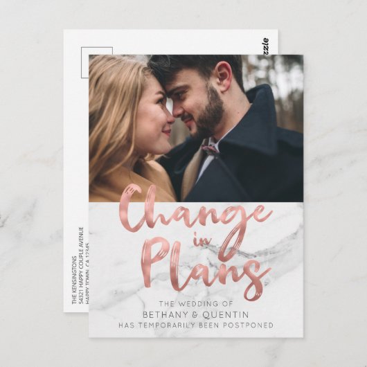 Roos Gold Foil Script Marmeren bruiloft uitstel Briefkaart (Voorkant / Achterkant)