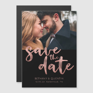 Roos Gold Foil Script op zwart Save the Date Foto Magnetische Uitnodiging