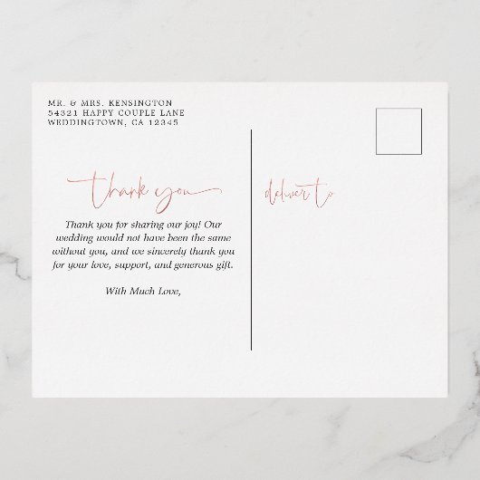 Roos Gold Foil Script Photo Weddenschap Bedankt Folie Uitnodiging Briefkaart (Achterkant)