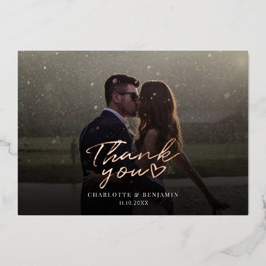 Roos Gold Foil Script Weduwfoto Hartelijk dank Folie Uitnodiging (Voorkant)