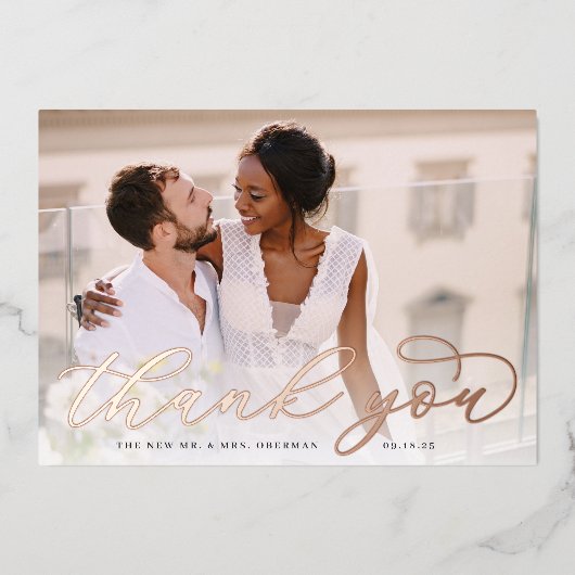 Roos Gold Foil Script Weduwfoto Hartelijk dank Folie Uitnodiging (Voorkant)