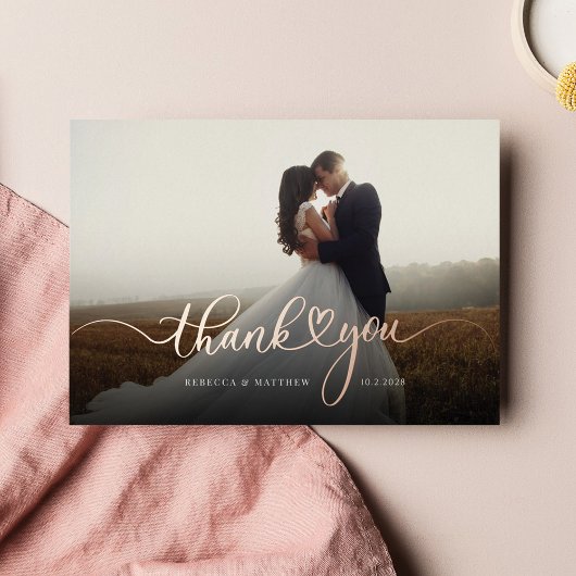 Roos Gold Foil Script Weduwfoto Hartelijk dank Folie Uitnodiging