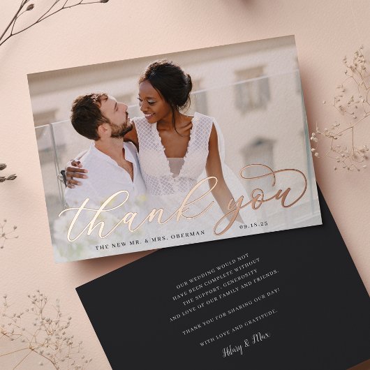 Roos Gold Foil Script Weduwfoto Hartelijk dank Folie Uitnodiging