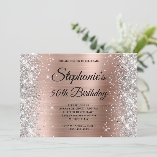 Roos Gold Foil Silver Glitter Monogram Birthday Kaart (Staand voorkant)