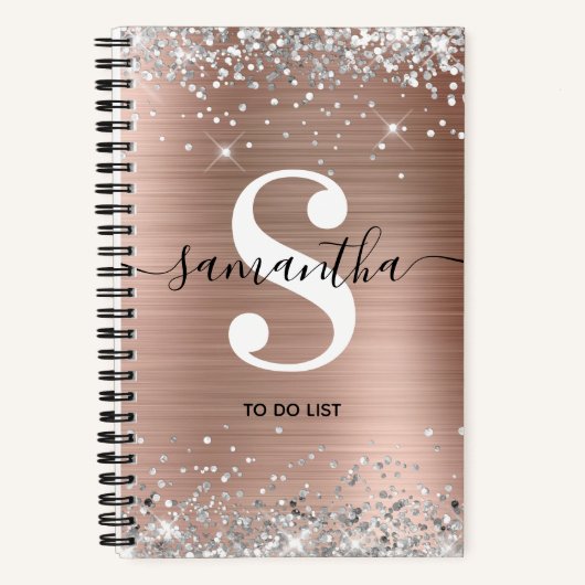Roos Gold Foil Silver Glitter Monogram om een lijs Notitieboek (Voorkant)