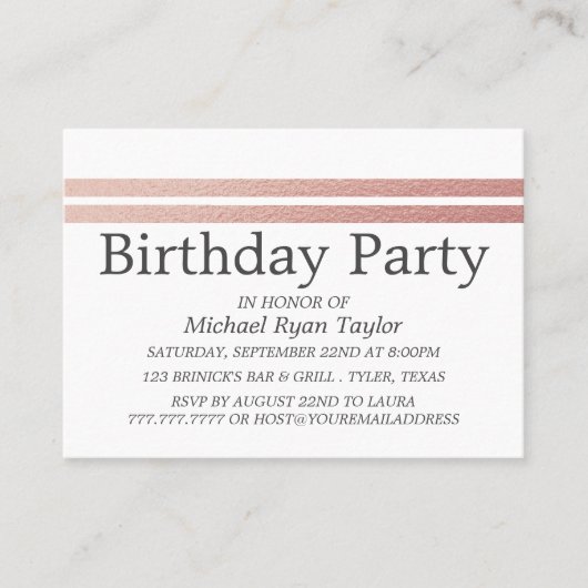 Roos Gold Foil Stripes Birthday Party Ticket (Voorkant)