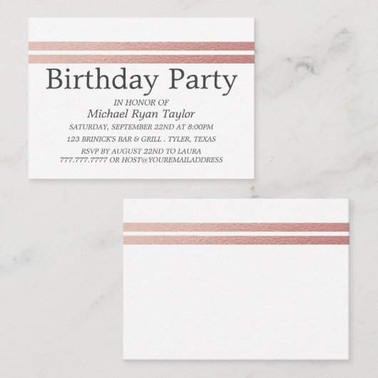 Roos Gold Foil Stripes Birthday Party Ticket (Voorkant / Achterkant)