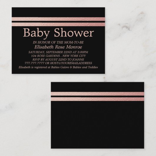Roos Gold Foil Stripes, Black Baby shower Ticket (Voorkant / Achterkant)