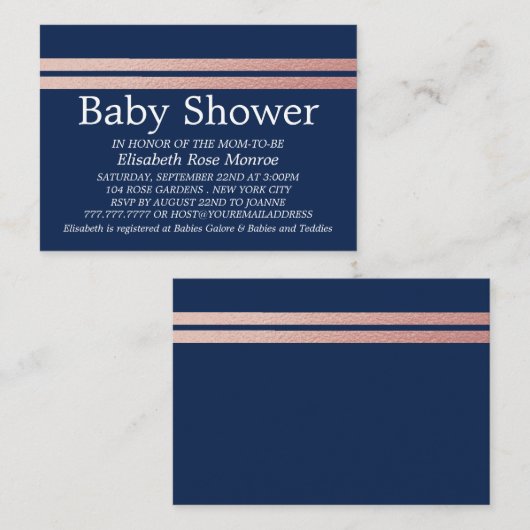 Roos Gold Foil Stripes, Blue Baby shower Ticket (Voorkant / Achterkant)