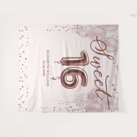 Roos Gold Foil Sweet 16 ballonnen Roze achtergrond Wandkleed (Voorkant (horizontaal))