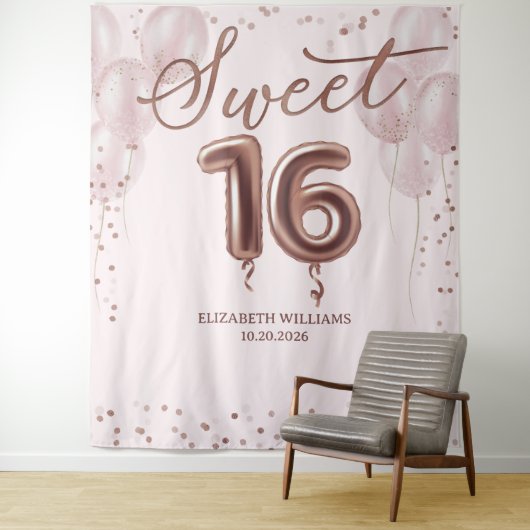 Roos Gold Foil Sweet 16 ballonnen Roze achtergrond Wandkleed (In situ)