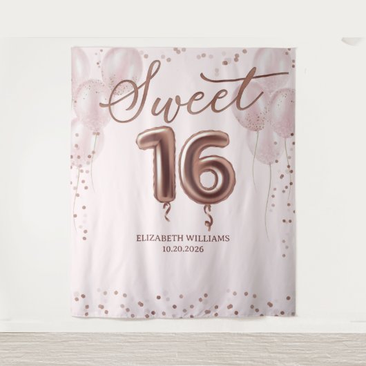 Roos Gold Foil Sweet 16 ballonnen Roze achtergrond Wandkleed (Voorkant)