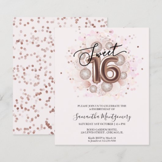 Roos Gold Foil Sweet 16 Balloons - Begrotingsuitno (Voorkant / Achterkant)