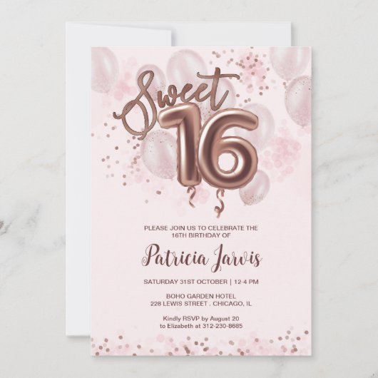 Roos Gold Foil Sweet 16 Bday Balloons Party Roos Kaart (Voorkant)