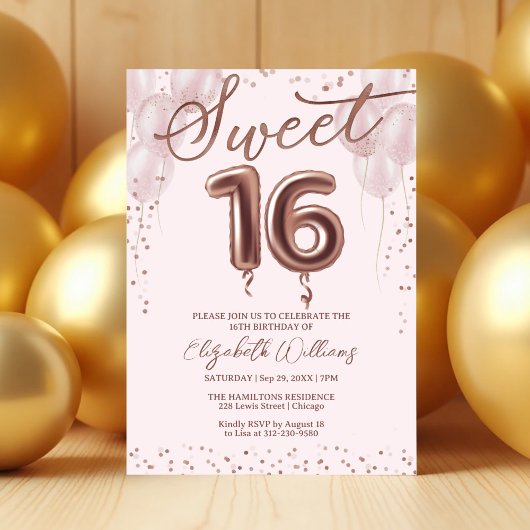 Roos Gold Foil Sweet 16 Birthday Balloons Roze Kaart