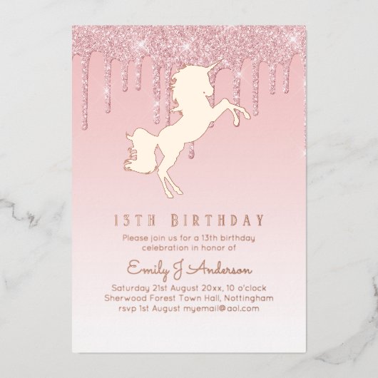 Roos Gold Foil Unicorn Girly Birthday (ELK) Roze F Folie Uitnodiging (Voorkant)