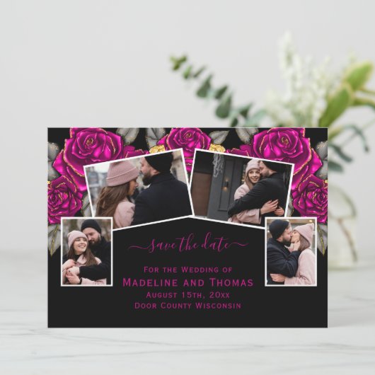 Roos Gold Foil Vier Foto zwart Roze Save The Date (Staand voorkant)