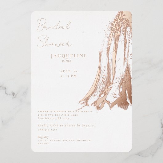 Roos Gold Foil Wedding Dress Vrijgezellenfeest Folie Uitnodiging (Voorkant)