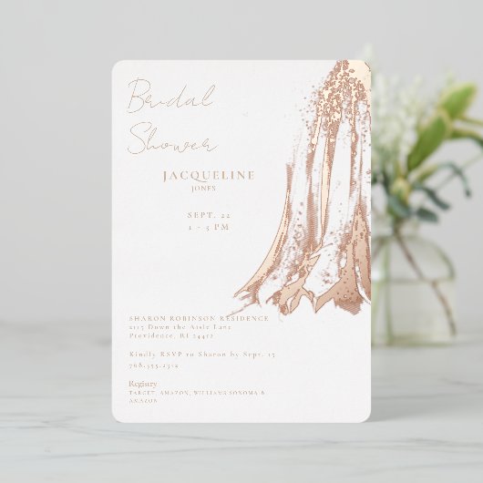 Roos Gold Foil Wedding Dress Vrijgezellenfeest Folie Uitnodiging (Staand Voorkant)