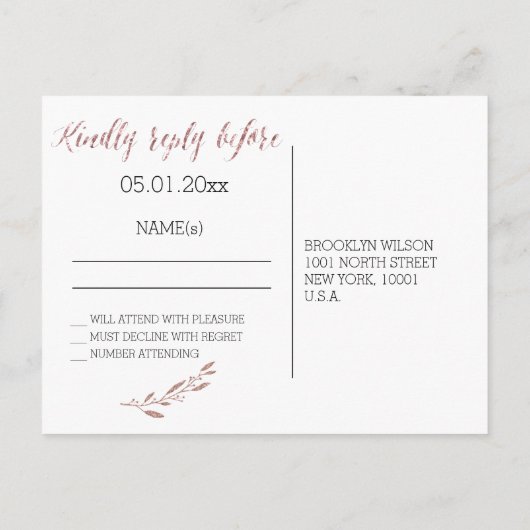 Roos Gold Foil Wedding RSVP Briefkaarten met zwart (Achterkant)