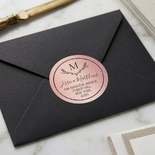 Roos Gold Foil Wreatmonogram Retouradres: Ronde Sticker