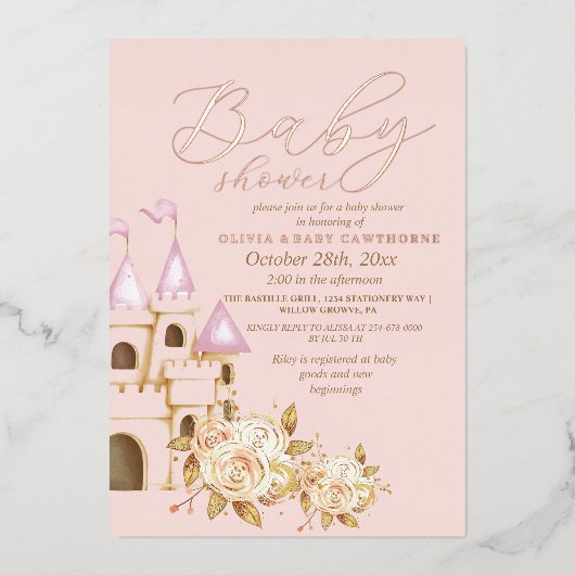 Roos Gold Folie & Blush Pink Princess Baby shower Folie Uitnodiging (Voorkant)
