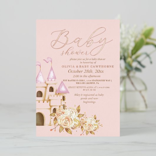 Roos Gold Folie & Blush Pink Princess Baby shower Folie Uitnodiging (Staand Voorkant)