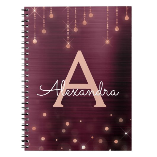 Roos Gold - Folie Bourgogne Sparkle Monogram Notitieboek (Voorkant)