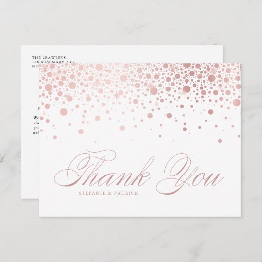 Roos Gold Folie Confetti bruiloft Dank u Briefkaart (Voorkant / Achterkant)