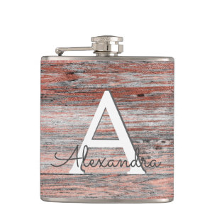 Roos Gold Folie en Rustic Wood Monogram & Initiaal Heupfles