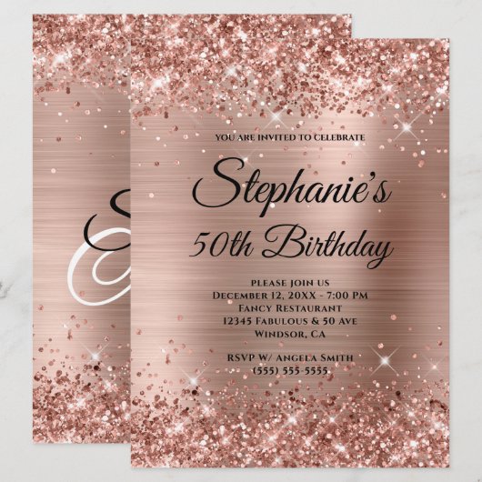 Roos Gold Folie Fancy Monogram Birthday Kaart (Voorkant / Achterkant)