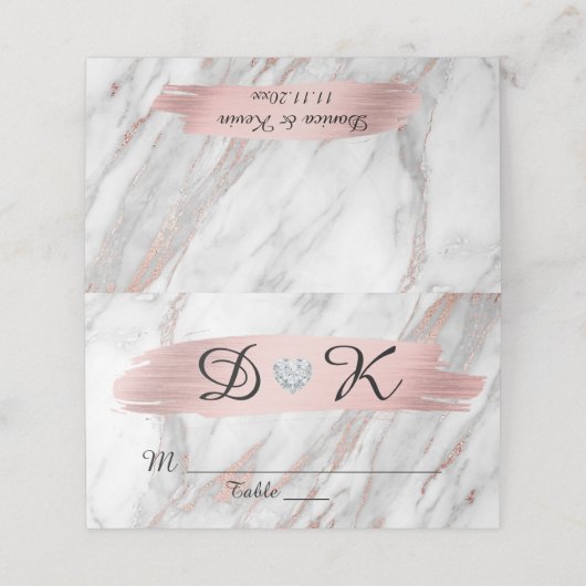 Roos Gold Folie Grijs Marmer Monogram Hart Trouwen Plaatskaartje (Buitenkant ongevouwen)