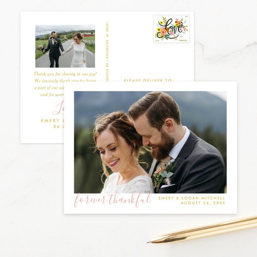 Roos Gold Forever Thankful Weddenfoto Hartelijk da Briefkaart