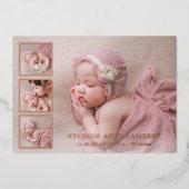 Roos Gold Foto Collage Girl Birth Announding Folie Uitnodiging (Voorkant)