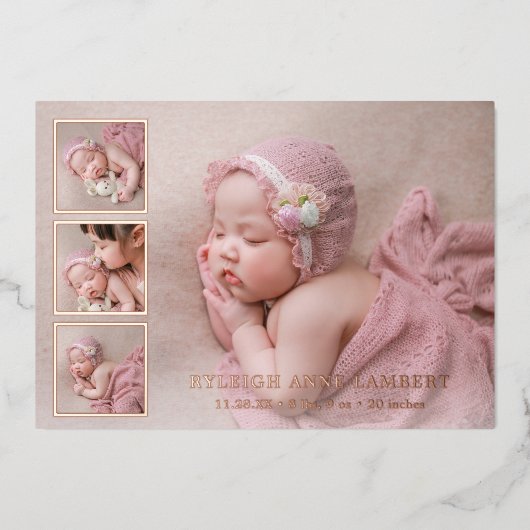Roos Gold Foto Collage Girl Birth Announding Folie Uitnodiging (Voorkant)