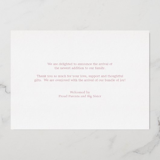 Roos Gold Foto Collage Girl Birth Announding Folie Uitnodiging (Achterkant)