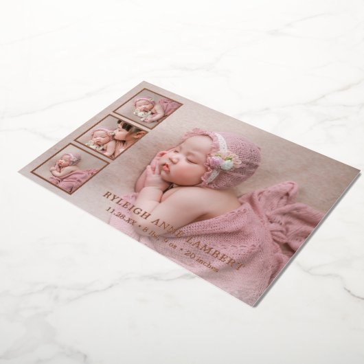 Roos Gold Foto Collage Girl Birth Announding Folie Uitnodiging (Gedraaid)