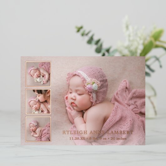Roos Gold Foto Collage Girl Birth Announding Folie Uitnodiging (Staand Voorkant)