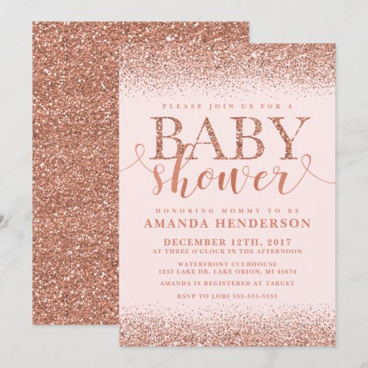 Roos Gold Fox Glitter Baby shower Invitation Kaart (Voorkant / Achterkant)