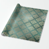 Roos Gold Foxier Damask Blauwgroen glanzend glas m Cadeaupapier (Uitgerold)