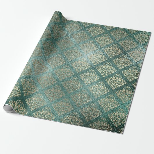 Roos Gold Foxier Damask Blauwgroen glanzend glas m Cadeaupapier (Uitgerold)