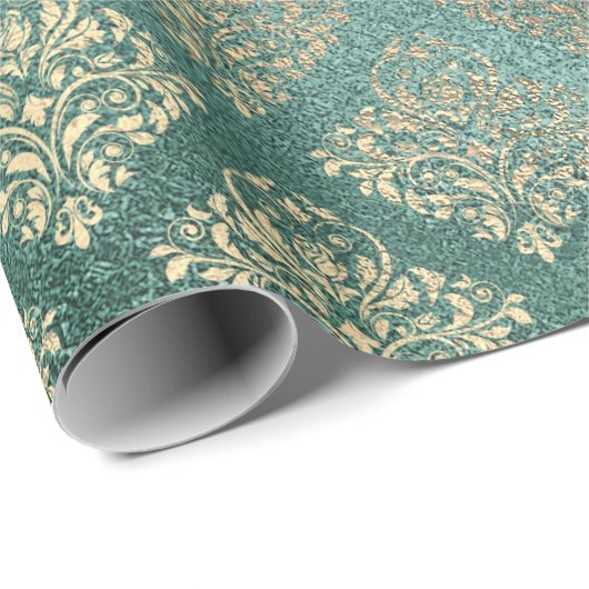 Roos Gold Foxier Damask Blauwgroen glanzend glas m Cadeaupapier (Rol Hoek)