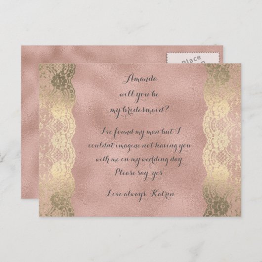Roos Gold Foxier Lace zal mijn Bridesmaid zijn Uitnodiging Briefkaart (Voorkant / Achterkant)