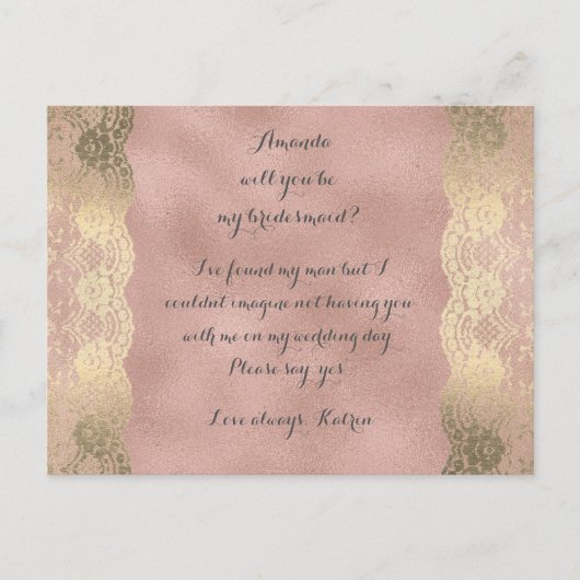 Roos Gold Foxier Lace zal mijn Bridesmaid zijn Uitnodiging Briefkaart (Voorkant)