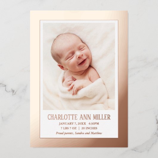 Roos Gold Framed Baby Geboorte Aankondiging Kaart (Voorkant)