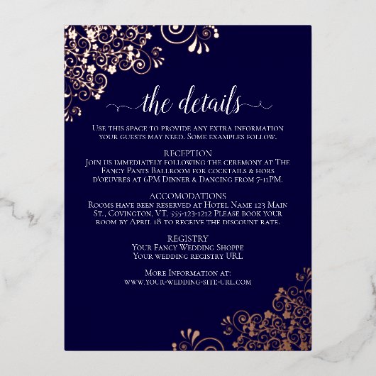 Roos Gold Frills op marinelegant bruiloft - Gegeve Folie Uitnodiging Briefkaart (Voorkant)