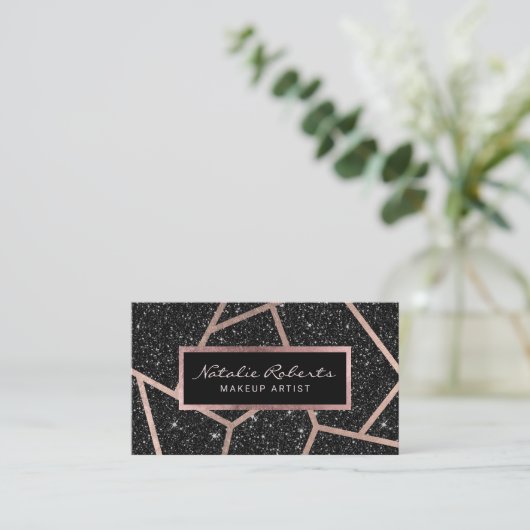 Roos Gold Geometric Black Glitter Beauty Salon Visitekaartje (Staand voorkant)