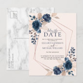 Roos Gold Geometric Blush Pink Navy Vertraging Dat Aankondigingskaart (Voorkant / Achterkant)