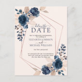Roos Gold Geometric Blush Pink Navy Vertraging Dat Aankondigingskaart (Voorkant)