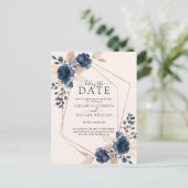 Roos Gold Geometric Blush Pink Navy Vertraging Dat Aankondigingskaart (Staand voorkant)